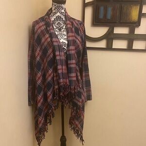 Kori America Plaid Fringe Open Cardigan